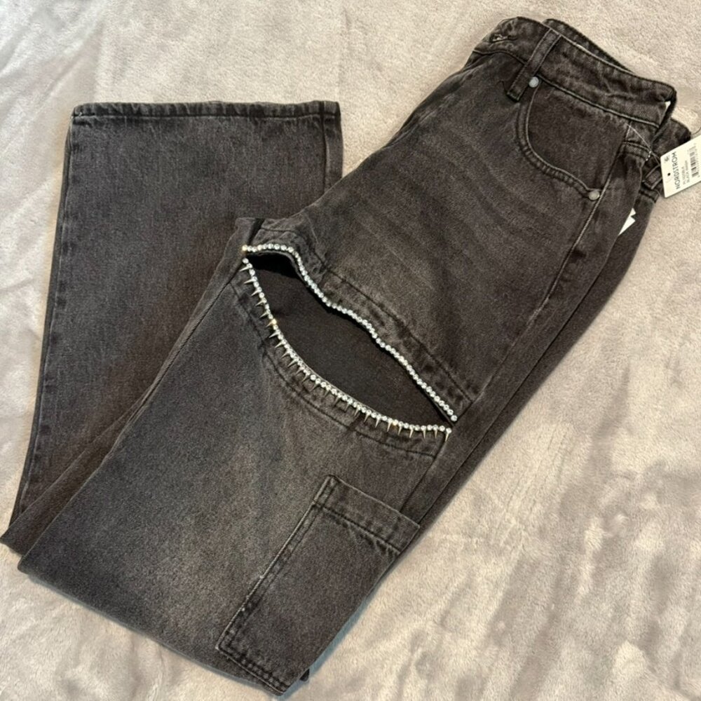 PTCL Black Rhinestone Cutout Jeans NWT High Rise Straight Leg Size 28 - Picture 8 of 13